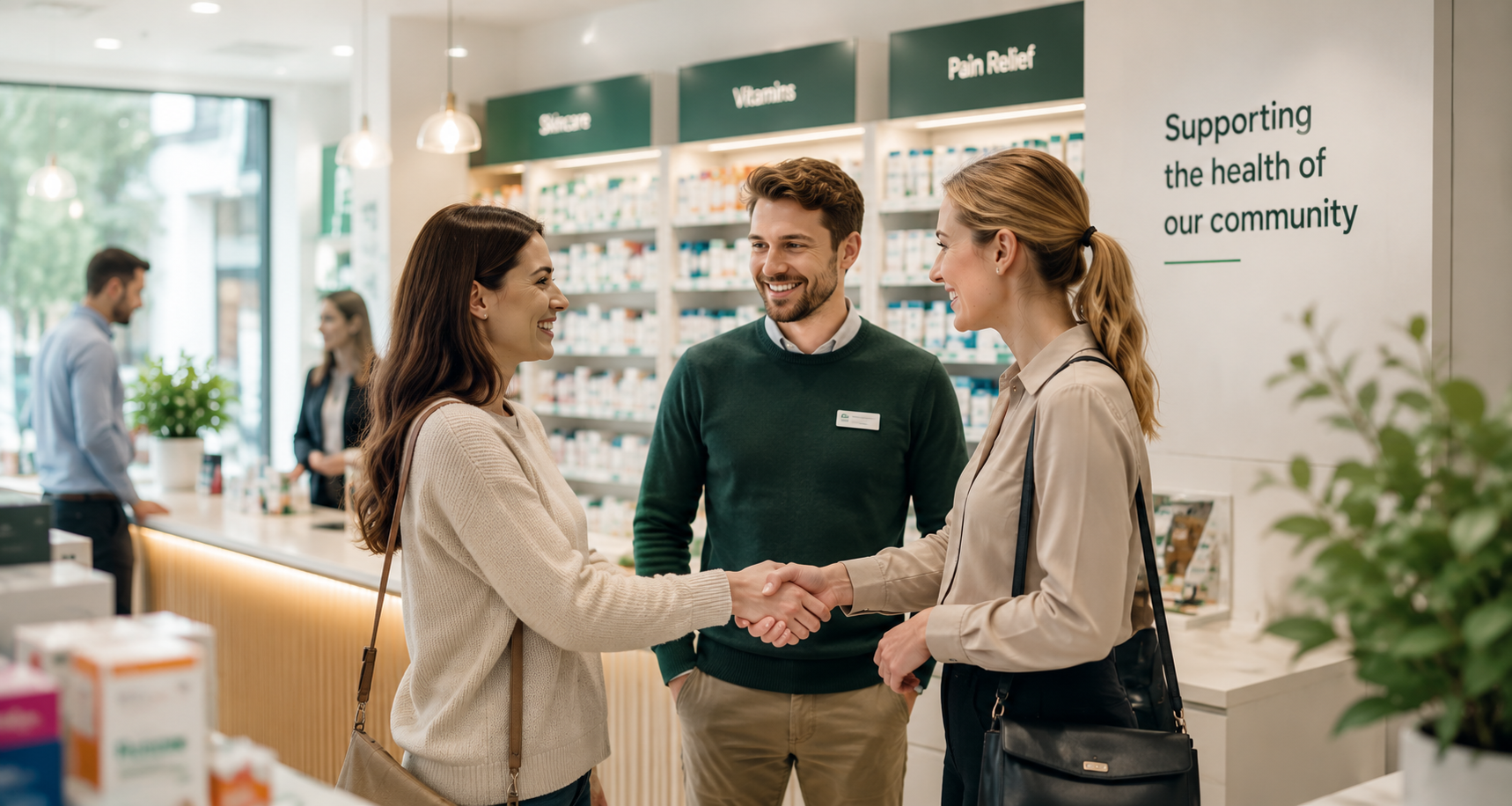 A pharmacist welcoming a new team member in a modern Irish pharmacy