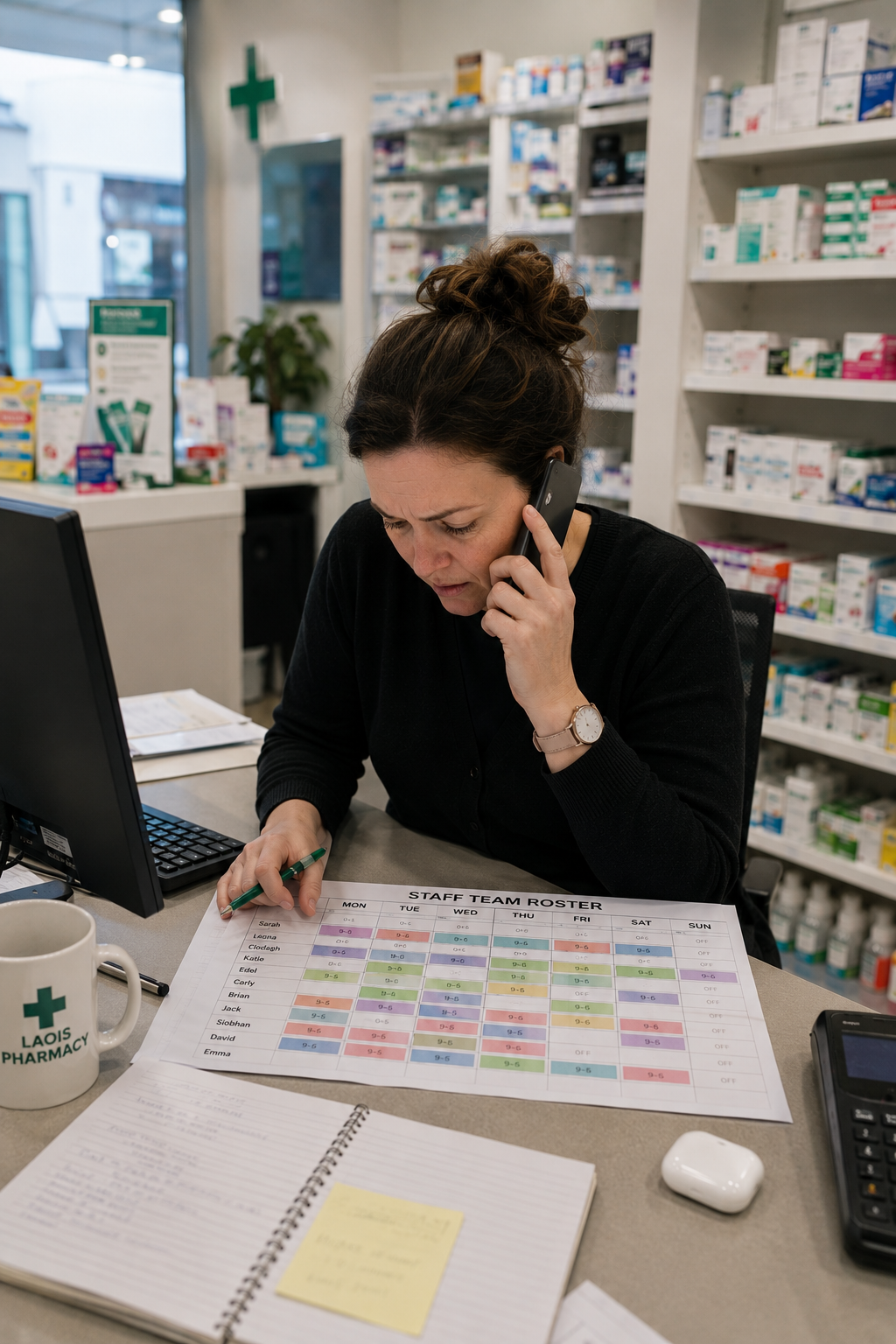 Pharmacy owner on the phone over a staff roster trying to find cover